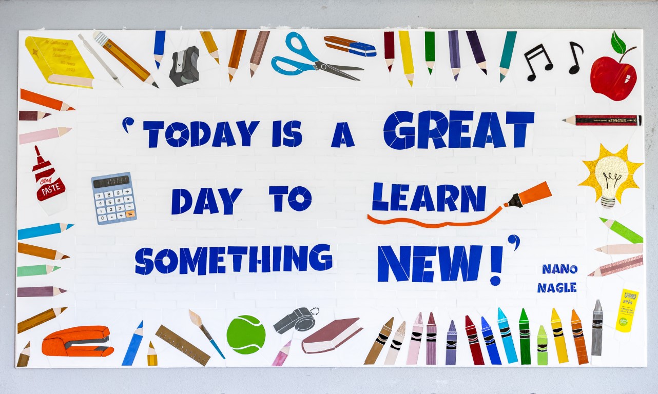 Nano Nagle quote created in mosaic tiles at St Catherine's, Wishart - "Today is a great day to learn something new"